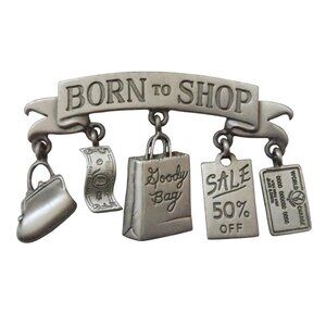 JJ JONETTE Born To Shop charm brooch pin Pewter